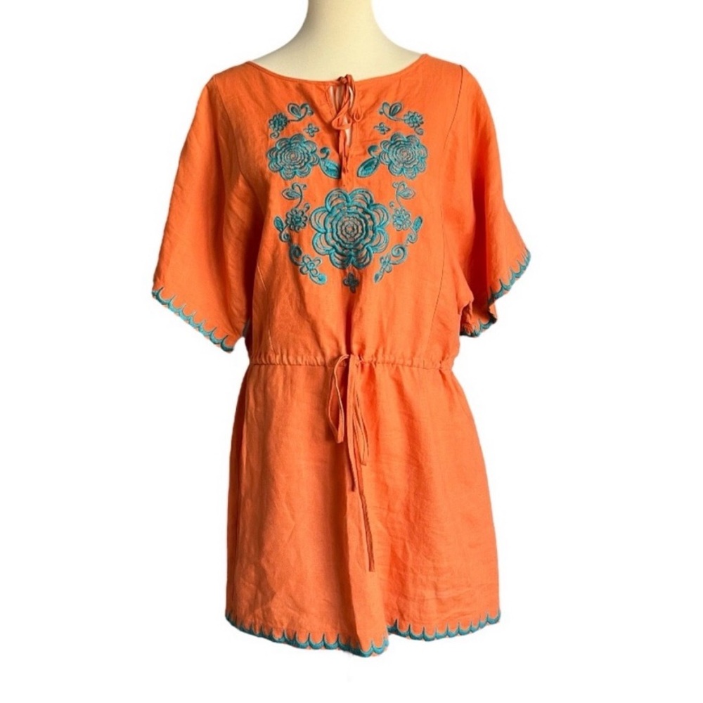 ivy jane Orange Mini Dress / Tunic with Teal Floral Embroidery